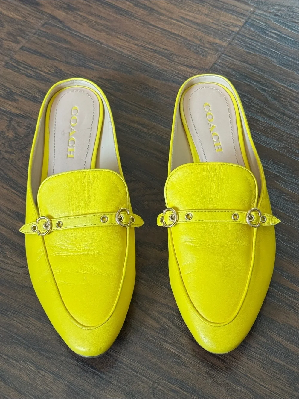 COACH Buttercup Yellow Leather Slip-On Mules with Gold Hardware - Picture 4 of 13